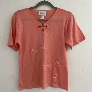 VTG JENNY Sweater S Pink Embellished Butterflies Sequins Beaded SS Cottagecore